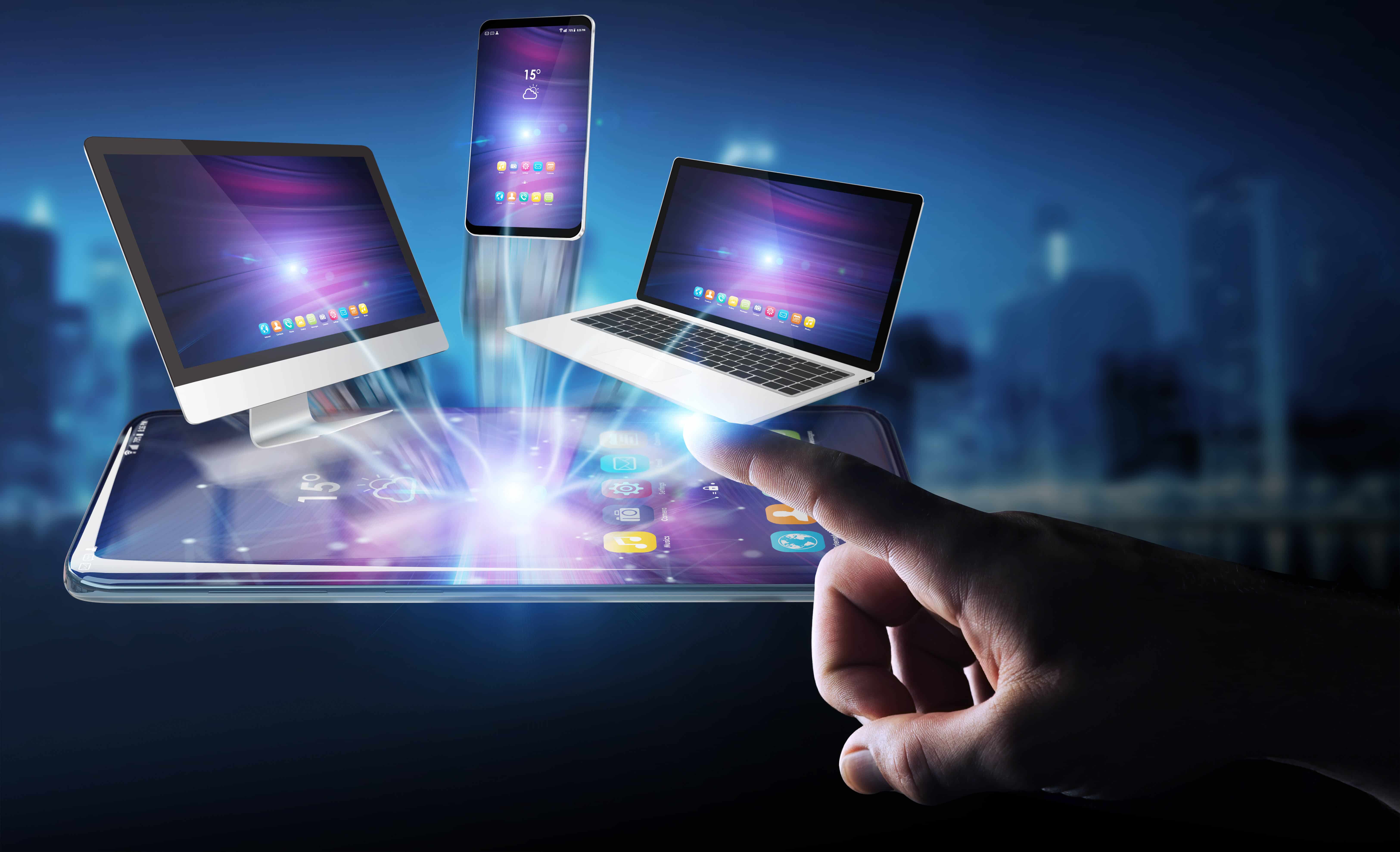 Modern devices connected in businessman hand 3D rendering